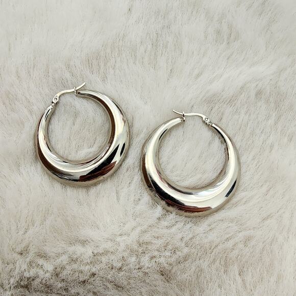 NEW Elegant Silver Stainless Steel Chunky Large Hoop Earrings - Picture 7 of 8